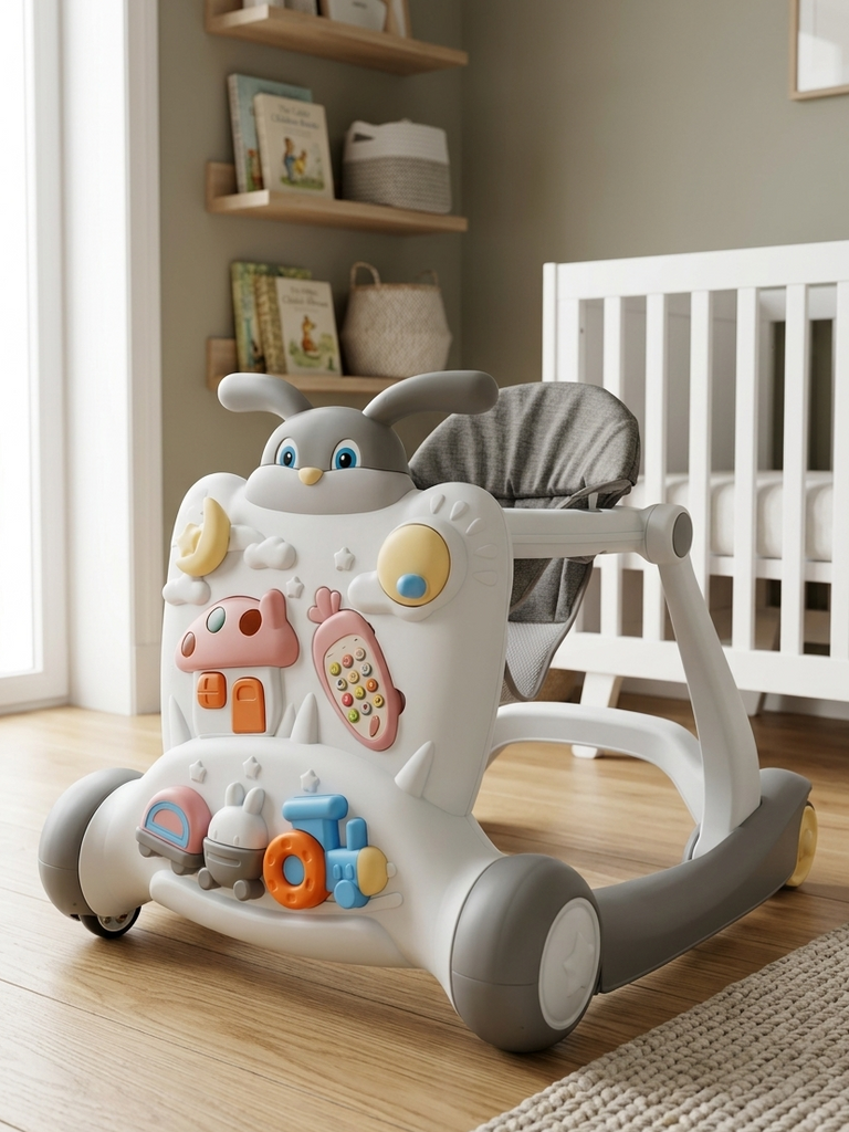 Children's walker with colorful design in a nursery setting
