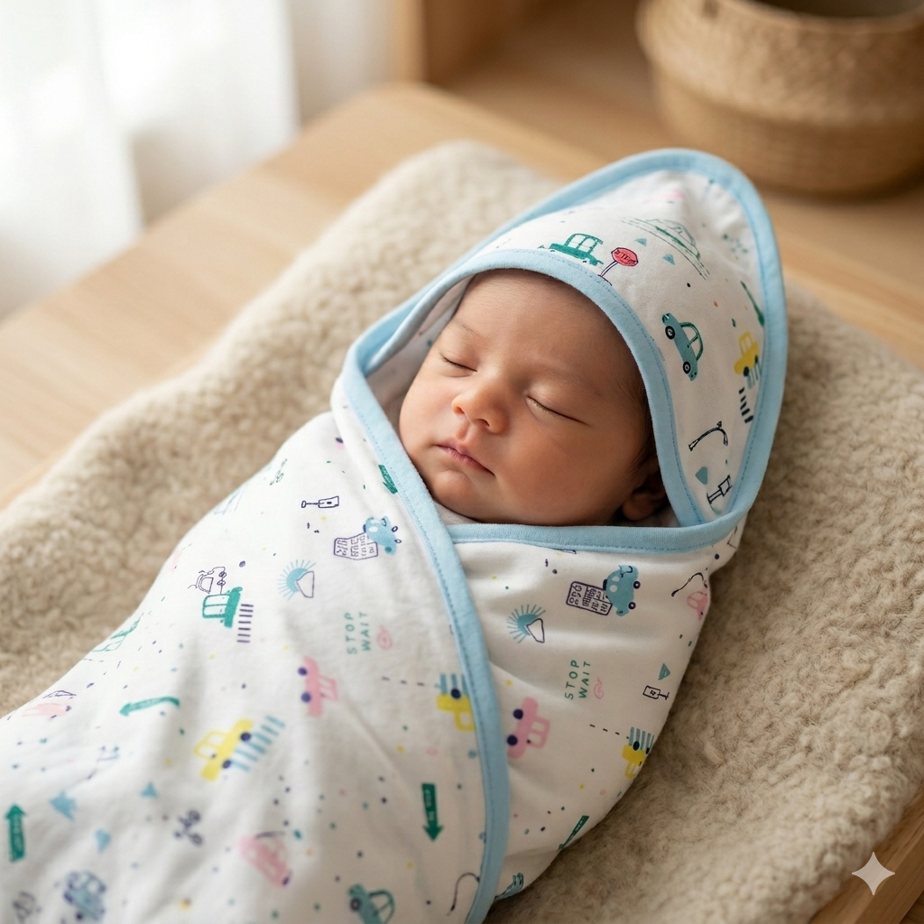 Kidzo Baby Wrapping Sheet – Soft Cotton Newborn Swaddle Blanket Blue Car