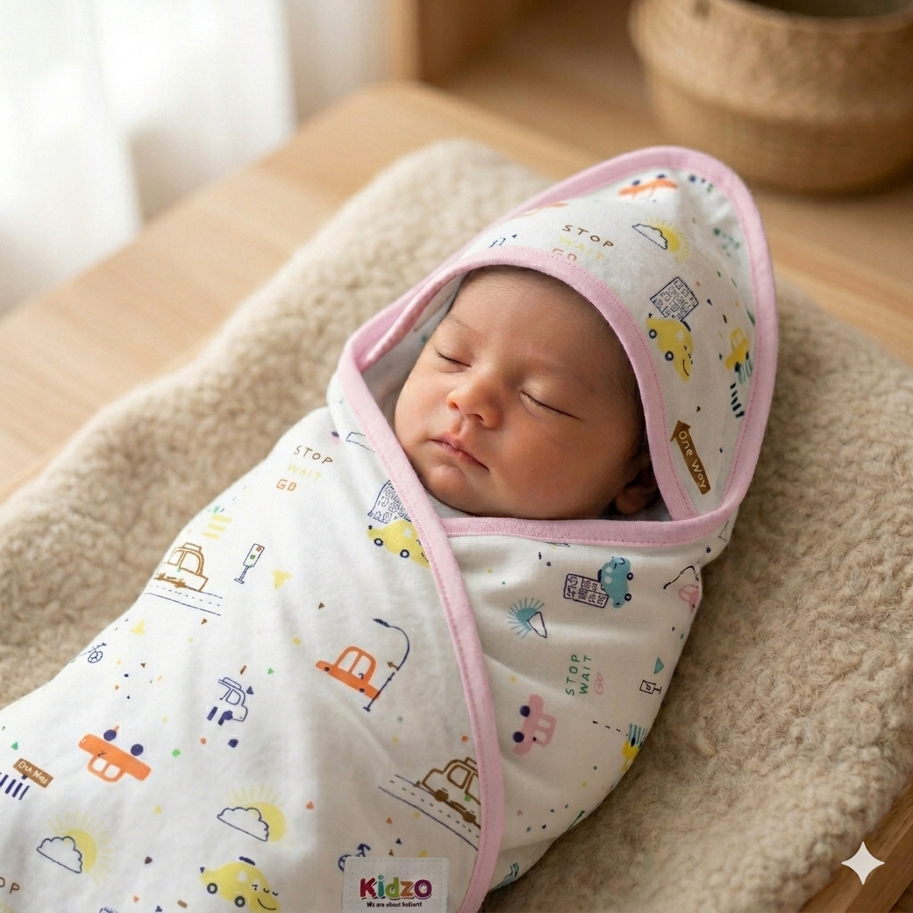 Kidzo Baby Wrapping Sheet – Soft Cotton Newborn Swaddle Blanket Pink Car