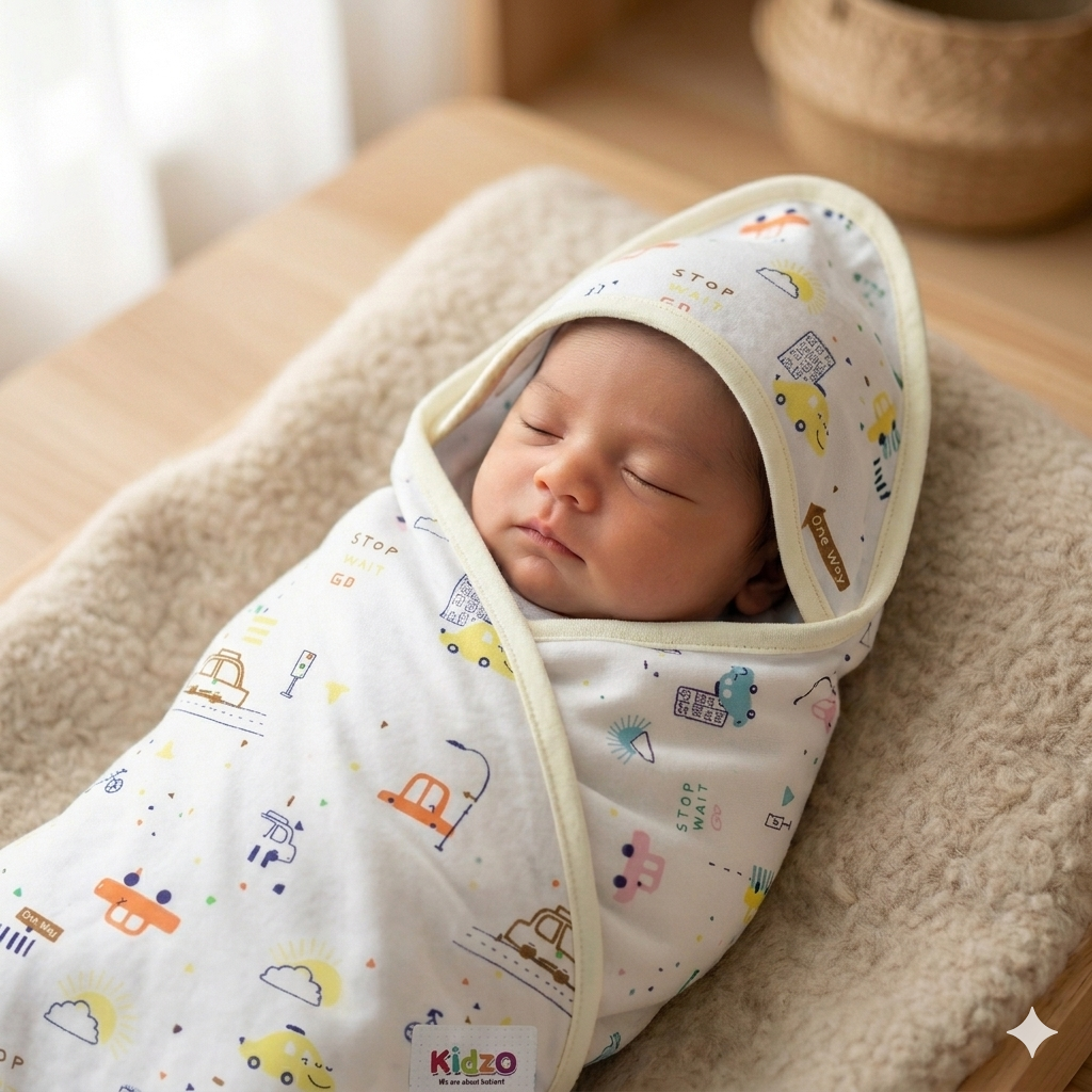 Kidzo Baby Wrapping Sheet – Soft Cotton Newborn Swaddle Blanket Green Car