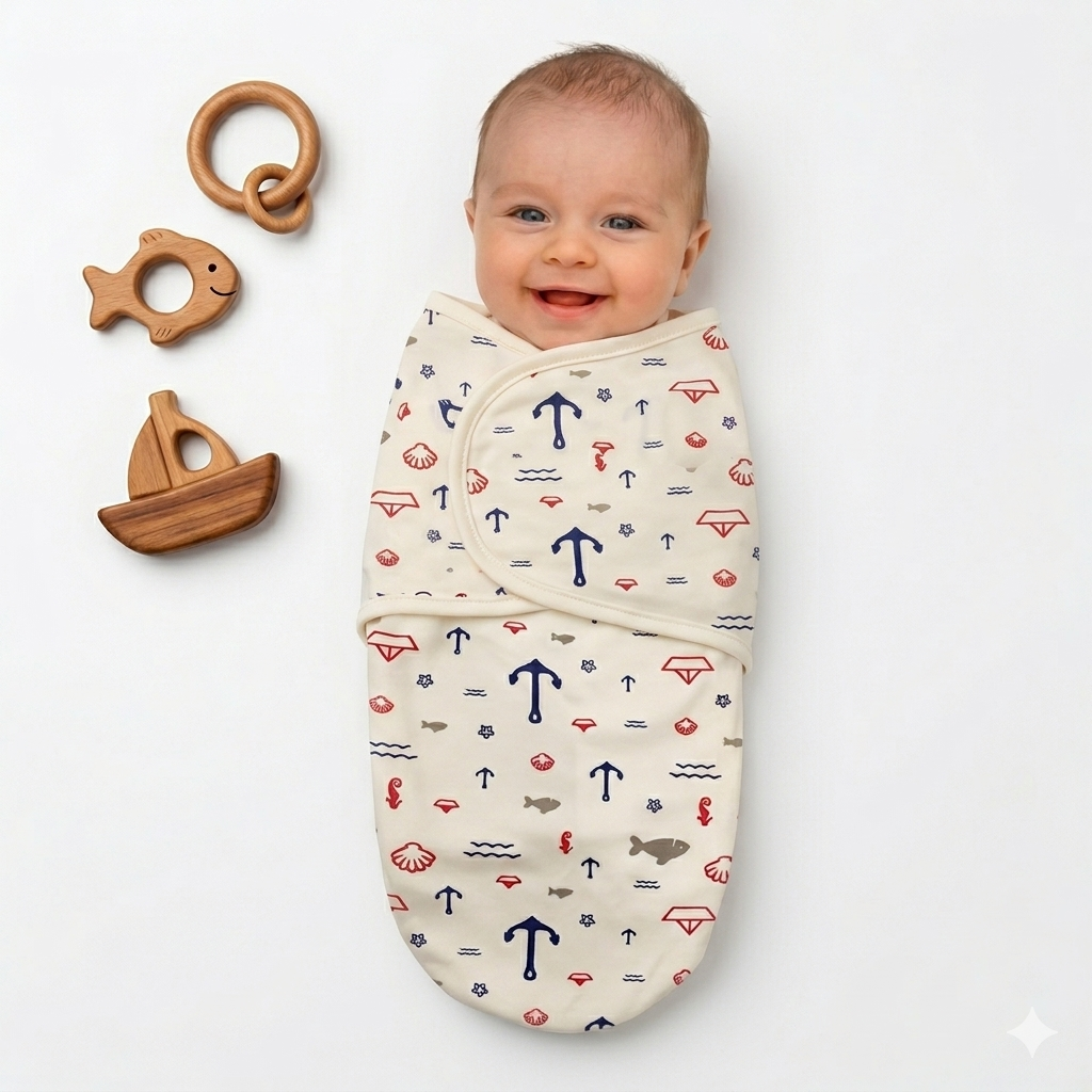 Baby wrapped in a patterned swaddle with wooden toys on a white background