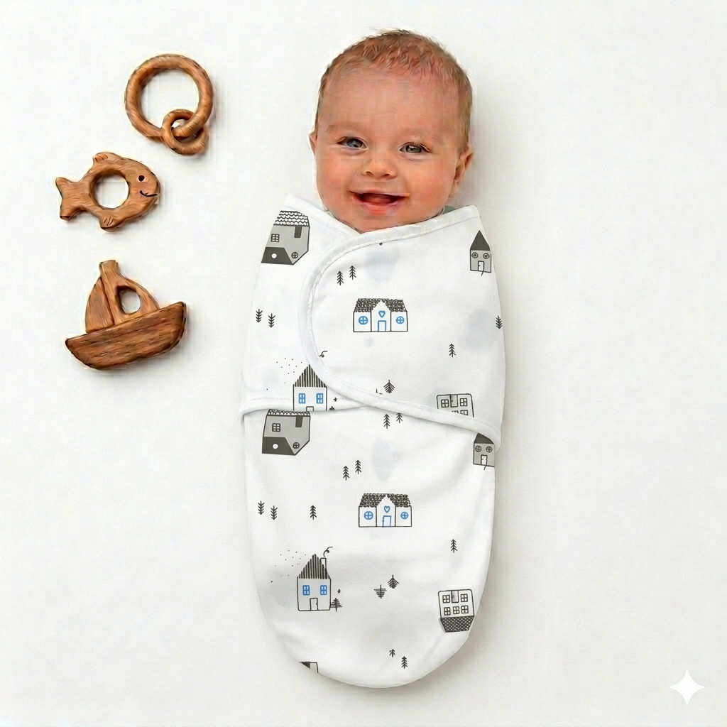 Baby wrapped in a white swaddle with house pattern, surrounded by wooden toys on a white background