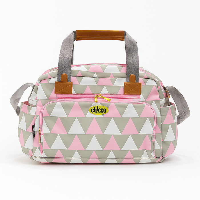 Diaper bag with pink and gray triangle pattern on a white background