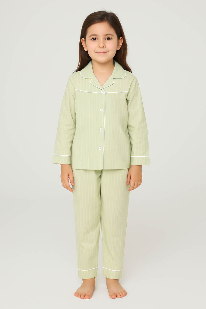 Child wearing a light green pajama set on a white background