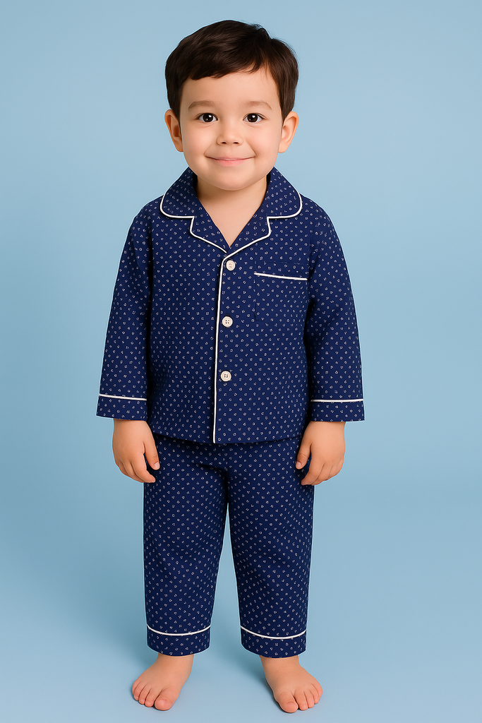 Kids Navy Blue Pajama Set with White Piping – Soft Cotton Night Suit for Boys & Girls