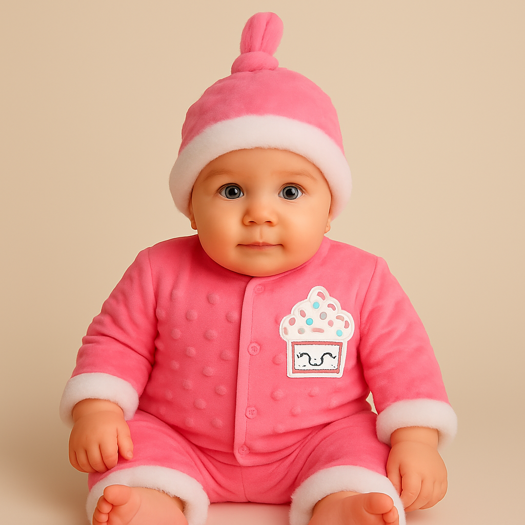 Baby in pink outfit with a cupcake design on a beige background