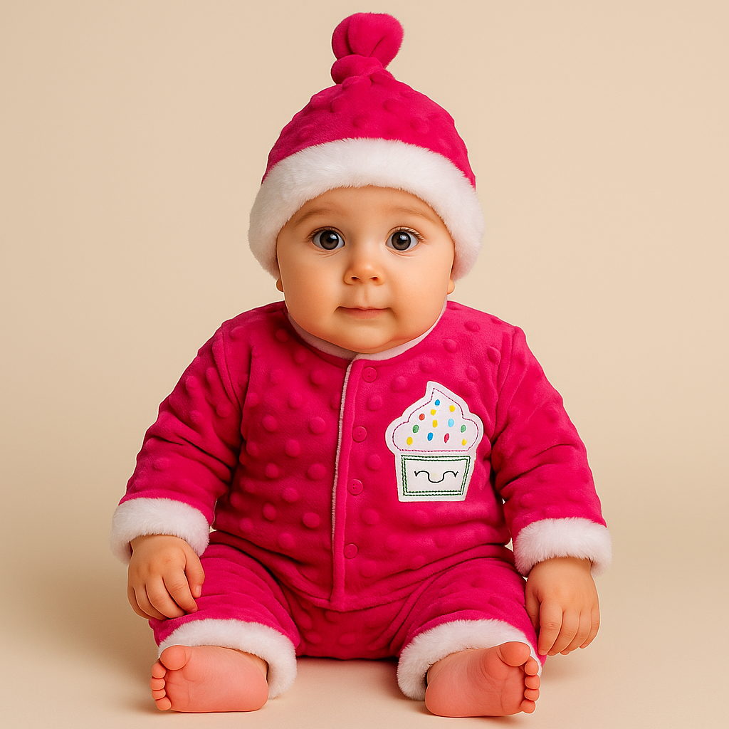 Baby in a pink outfit with a cupcake design on a beige background