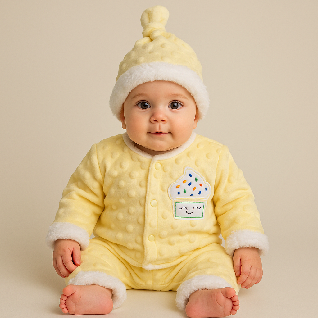 Baby wearing a yellow outfit with a cupcake design on a beige background