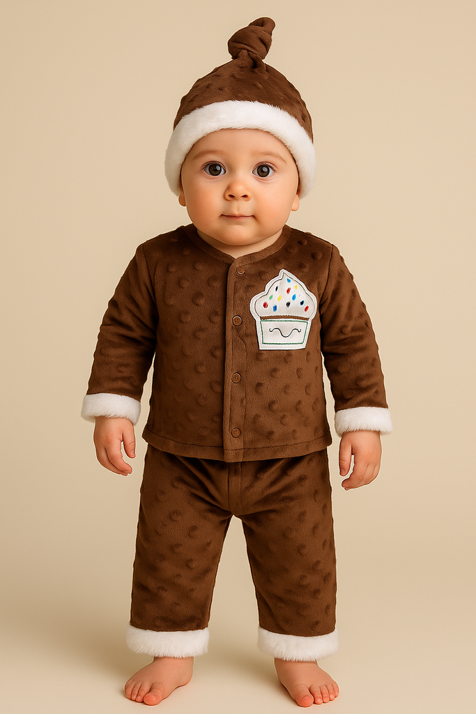 Baby wearing a brown outfit with a cupcake design on a beige background