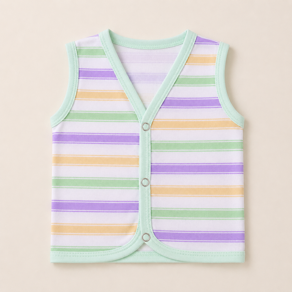 Baby Sleeveless Cotton Vest – Soft Striped Front Open Snap Button Waistcoat for Newborn & Infant