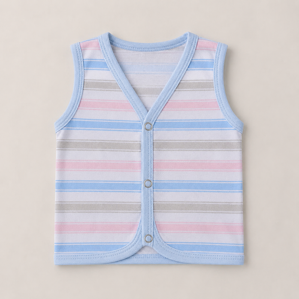 Baby Sleeveless Cotton Vest – Soft Striped Front Open Snap Button Waistcoat for Newborn & Infant