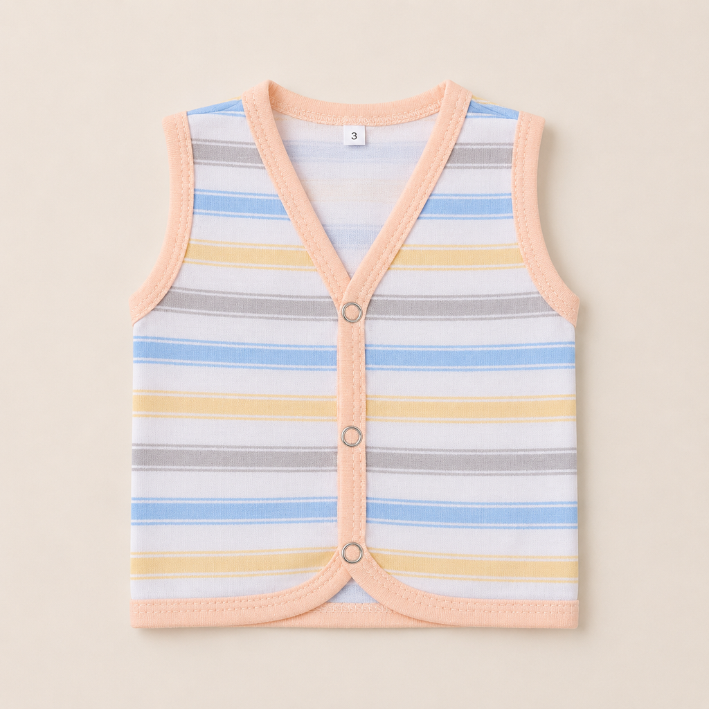 Baby Sleeveless Cotton Vest – Soft Striped Front Open Snap Button Waistcoat for Newborn & Infant