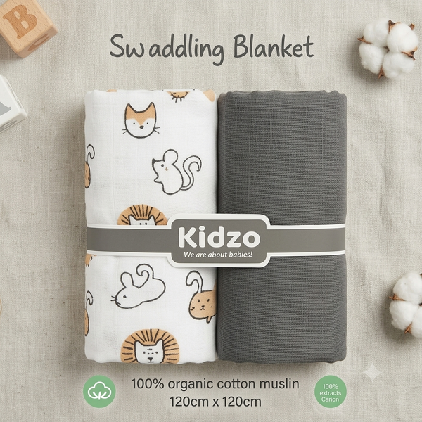Pack of 2 – 100% Organic Cotton Muslin Wrapping Sheets 120x120 cm