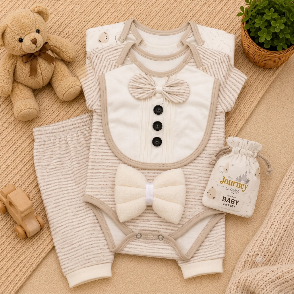 A curated Journey 10-piece baby starter set on a beige knit blanket, featuring grey striped onesies, bear print leggings, a plush teddy bear, a wooden toy car, and a decorative gift bag.