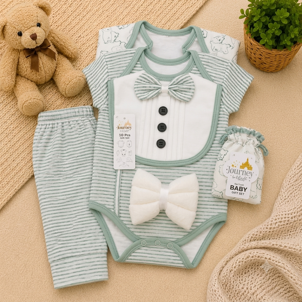 A curated Journey 10-piece baby starter set on a beige knit blanket, featuring grey striped onesies, bear print leggings, a plush teddy bear, a wooden toy car, and a decorative gift bag.