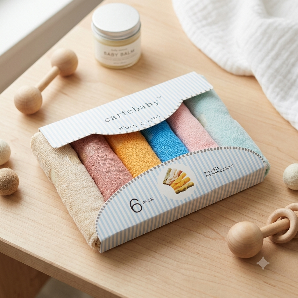Cartebaby Premium Baby Wash Cloths – 6-Pack Soft Terry Towels (9x9 inches)