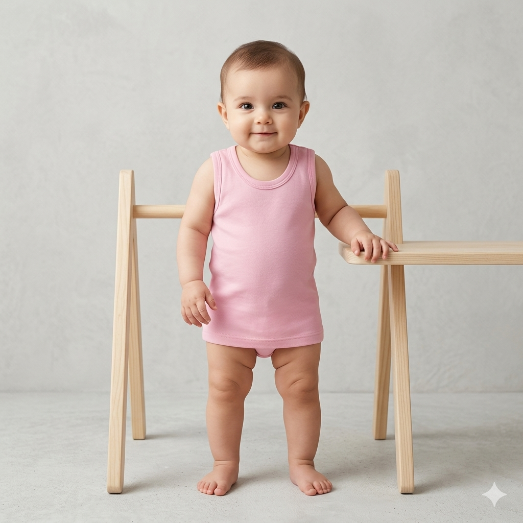 Baby in a pink sleeveless vest standing between two wooden stands on a plain background