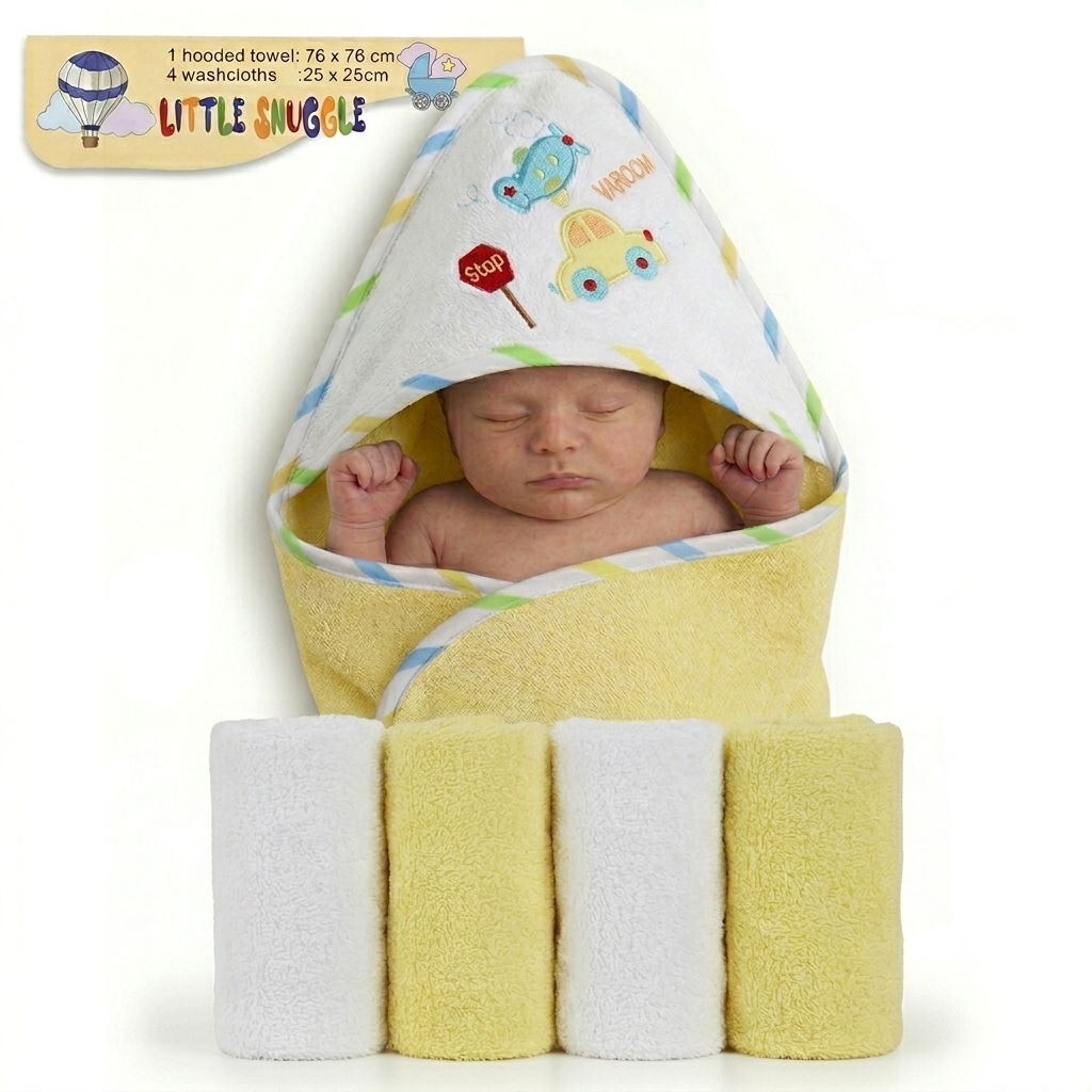 Little Snuggle Baby Bath Towel Set | Soft & Absorbent Cotton Yellow Car
