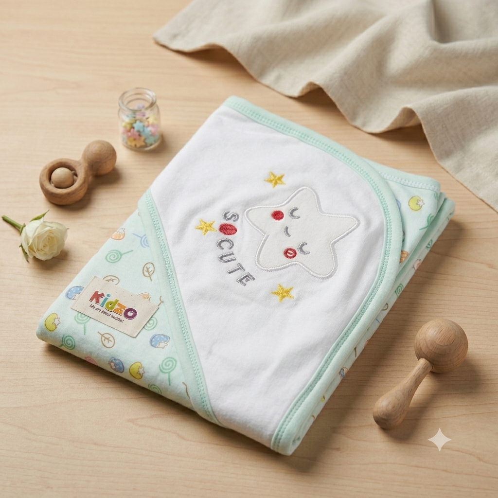 Kidzo Premium Hooded Baby Towel – “So Cute” Star Design | Extra Soft, Absorbent Cotton Bath Wrap for Newborns