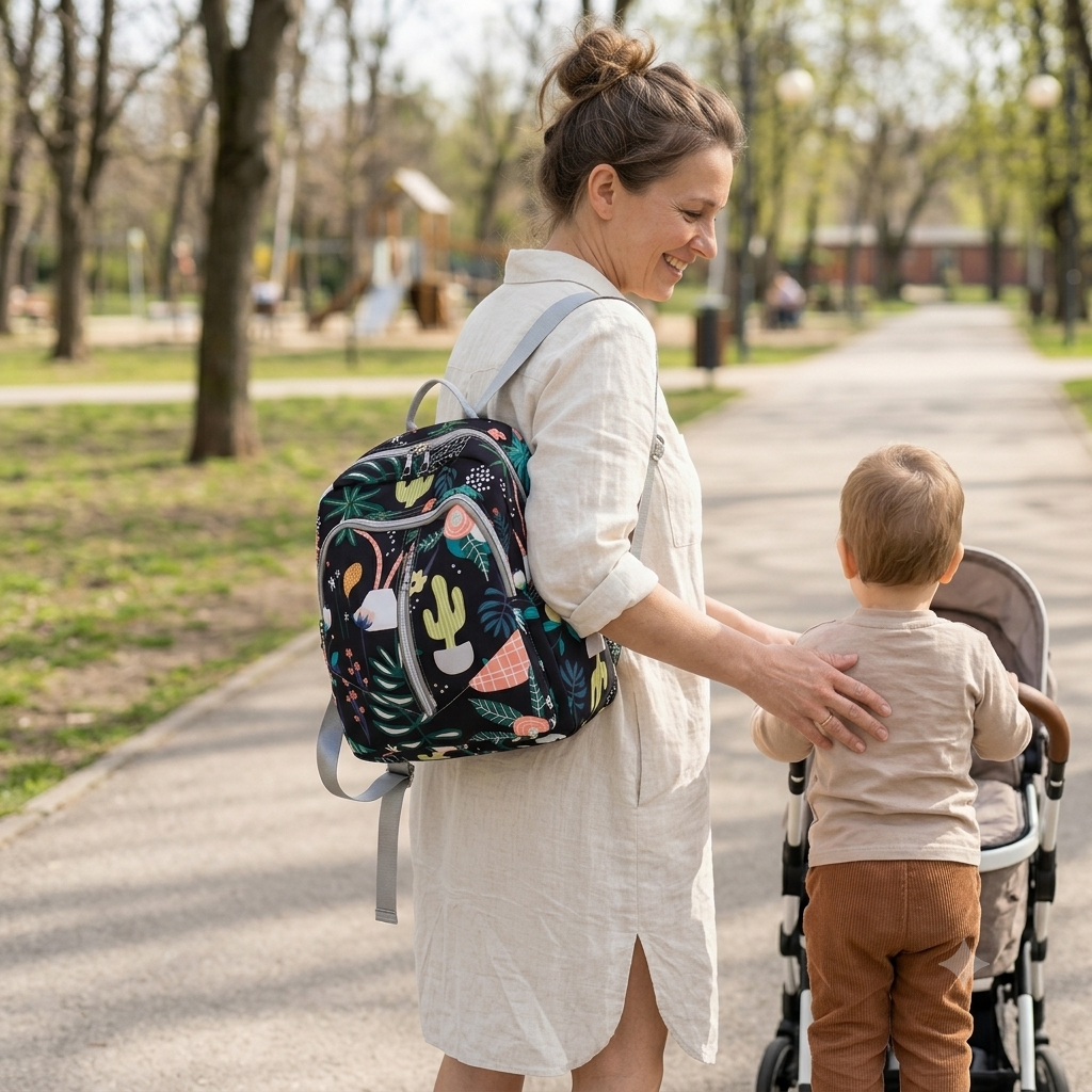 Waterproof Baby Diaper Backpack Flower Black - Sunshine