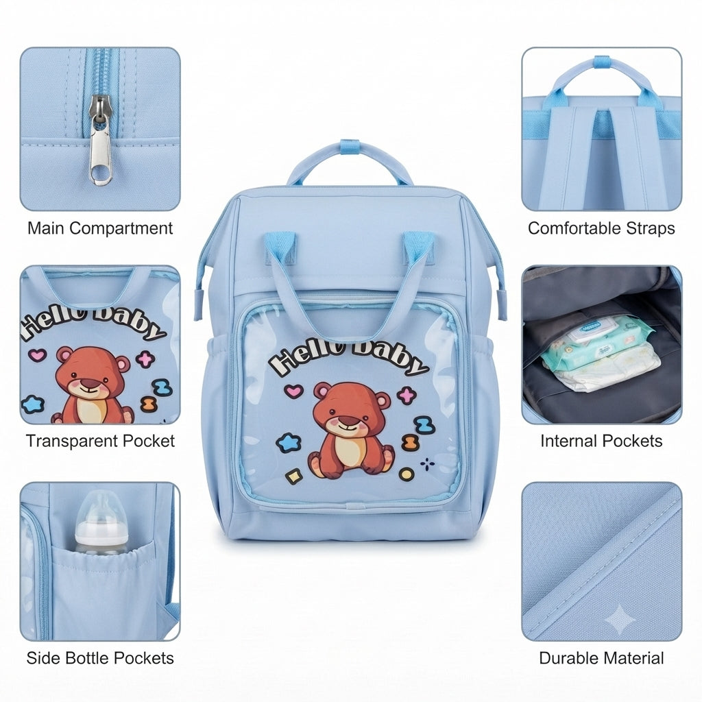Hello Baby Premium Multi-Function Diaper Backpack with Transparent Teddy Bear Pocket