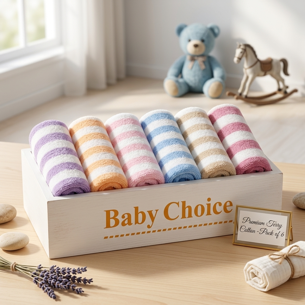 Baby Choice Premium Striped Washcloths – 6-Piece Soft Cotton Terry Face Towel Set