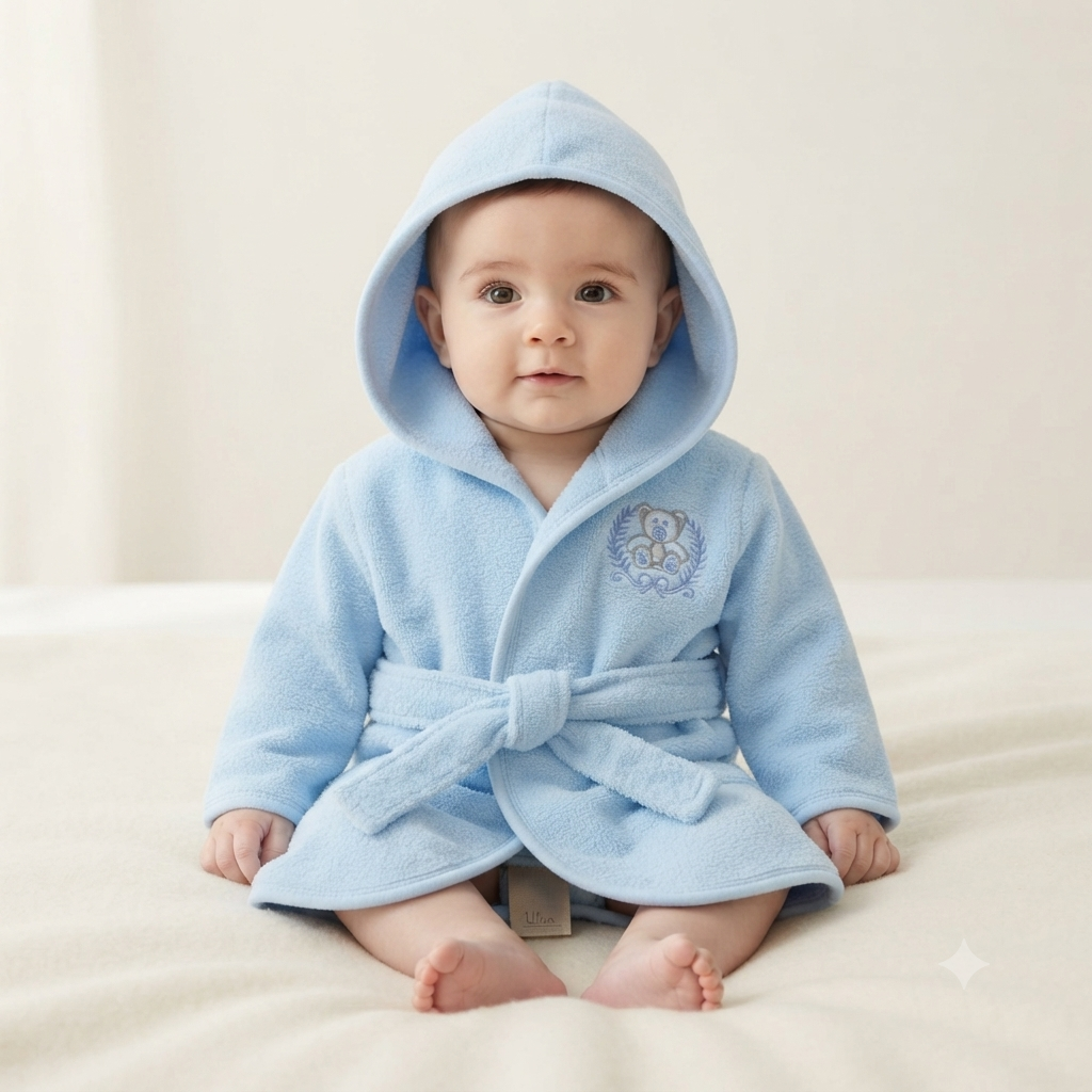 Premium Soft Hooded Baby Bathrobe – Light Blue with Cute Bear Embroidery
