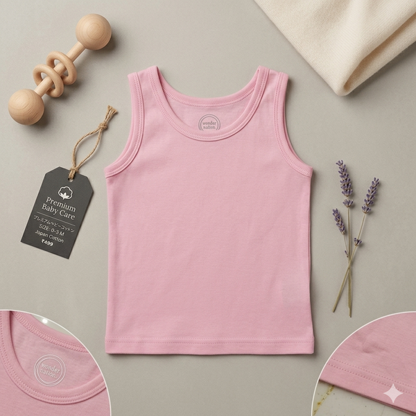 Pink baby tank top with a wooden rattle, lavender flowers, and a hat on a neutral background.