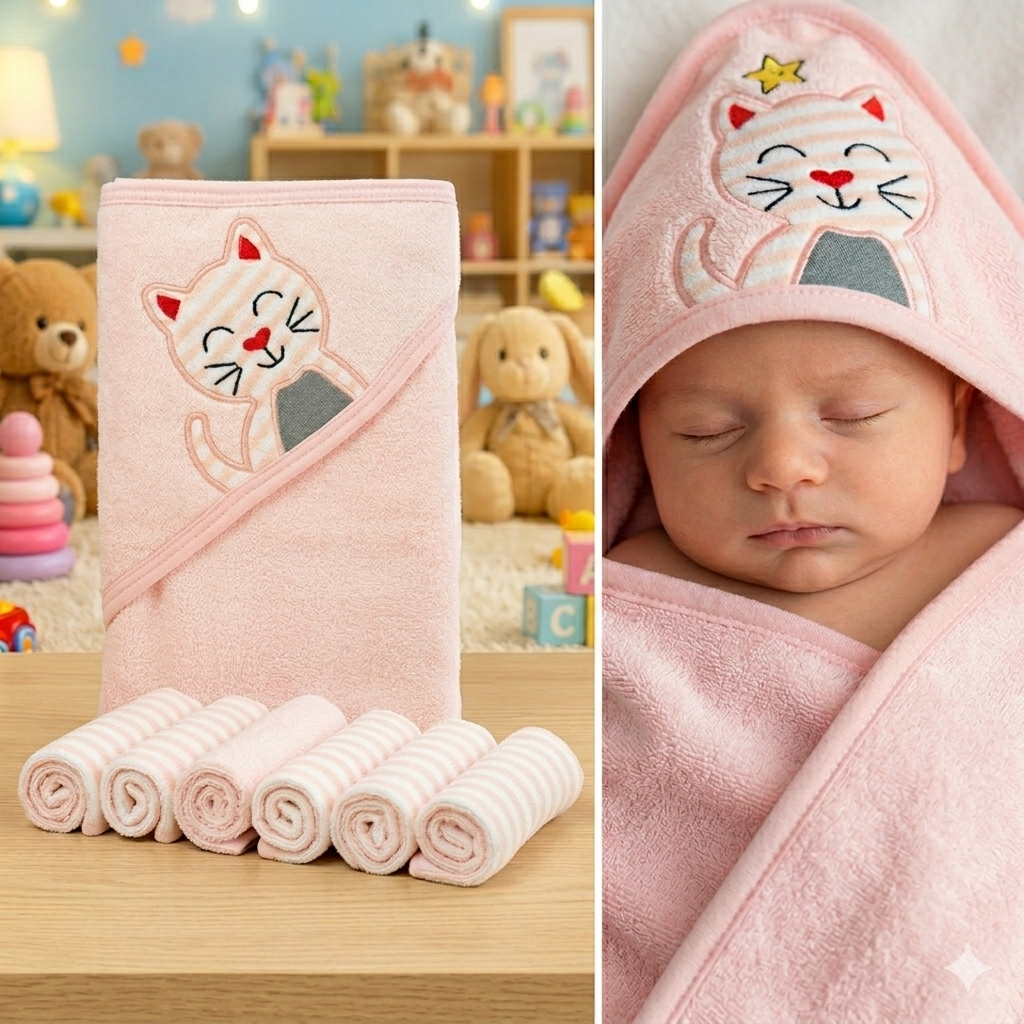 Premium Hooded Baby Bath Towel & Matching Face Towel Set | Ultra-Soft Cotton