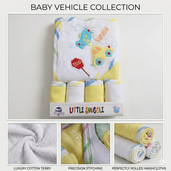 Little Snuggle Baby Bath Towel Set | Soft & Absorbent Cotton Yellow Car