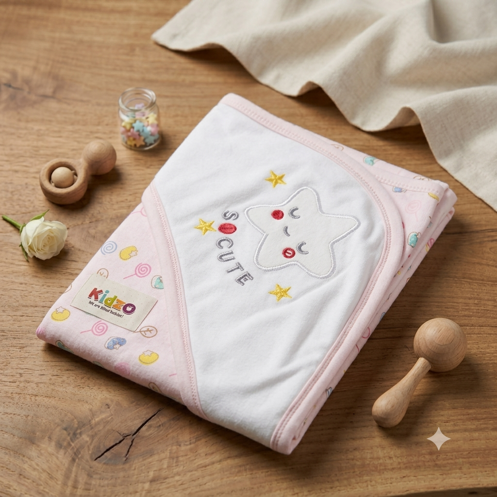 Kidzo Premium Hooded Baby Towel – “So Cute” Star Design | Extra Soft, Absorbent Cotton Bath Wrap for Newborns