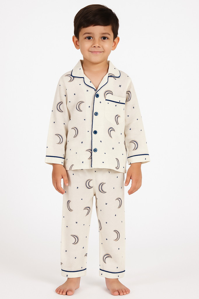 Child wearing a pajama set with moon pattern on a white background