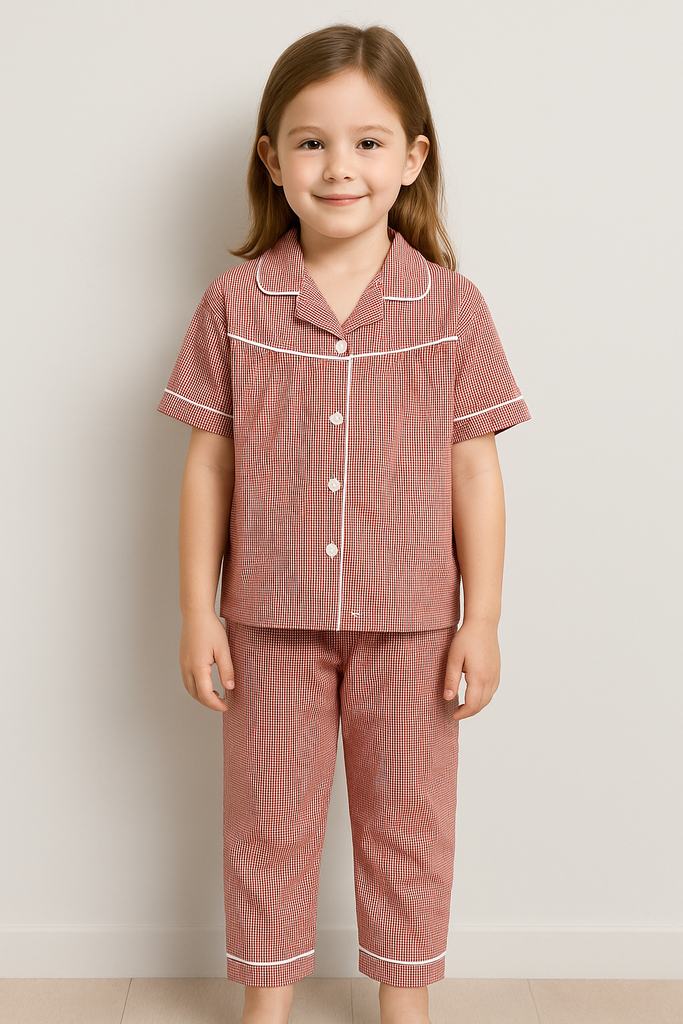 Child wearing a pink pajama set with white piping against a plain background