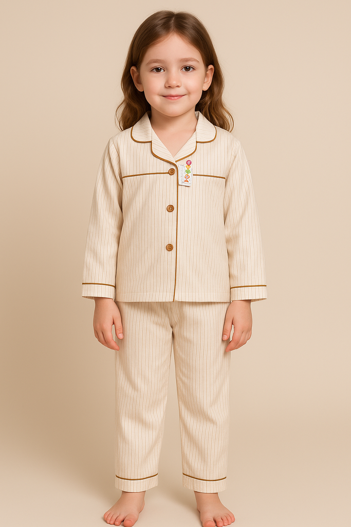 Young girl wearing a beige striped pajama set against a beige background