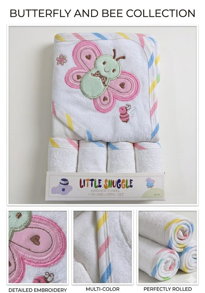 Little Snuggle Baby Bath Towel Set | Soft & Absorbent Cotton Pink & White Butterfly