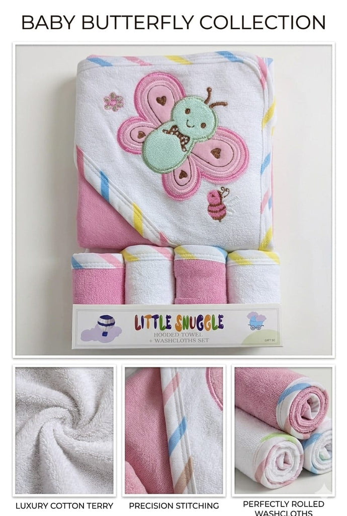 Little Snuggle Baby Bath Towel Set | Soft & Absorbent Cotton Pink Butterfly