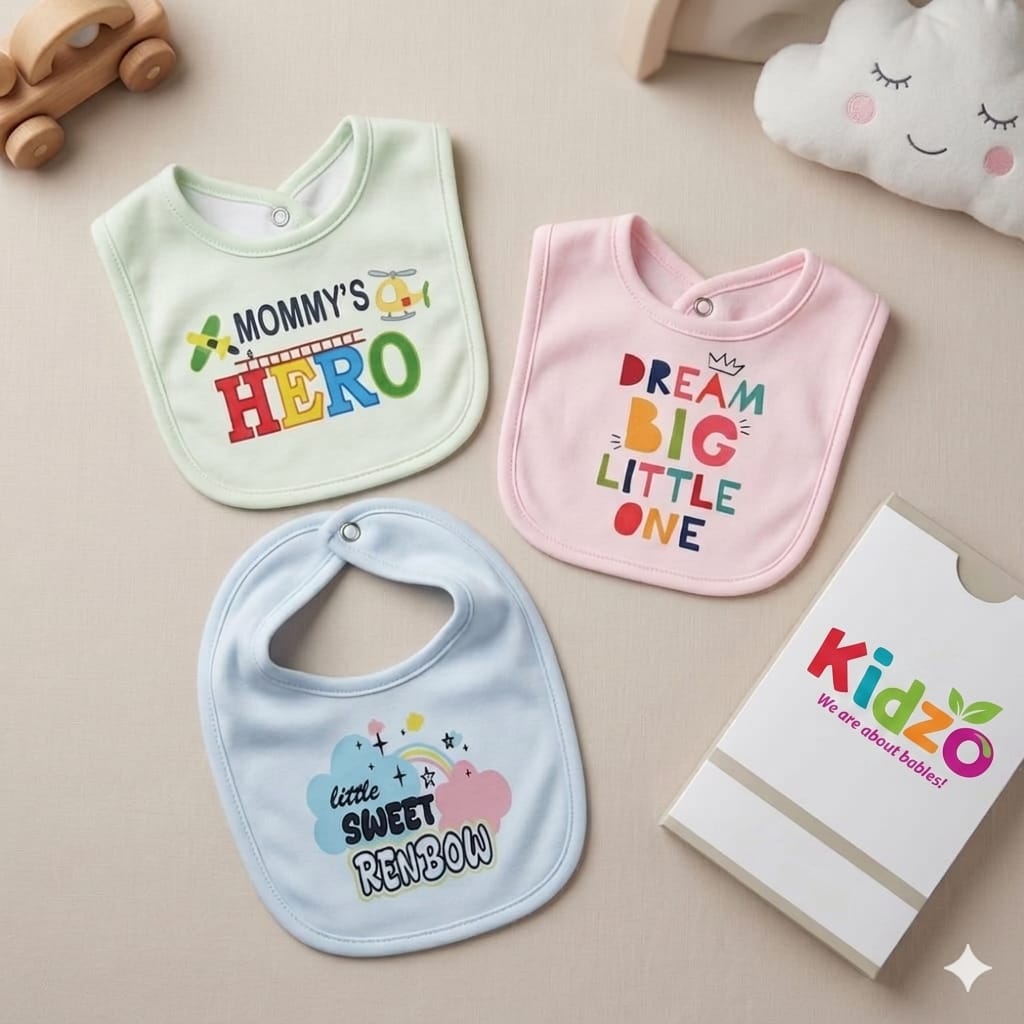 Kidzo Printed Baby Bibs – Set of 3 Cute Slogan Designs (Soft & Durable) PACK OF 3