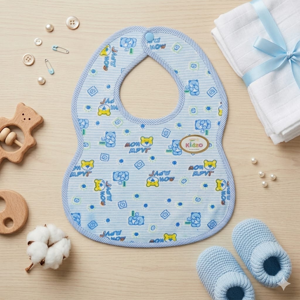 Kidzo Premium Cotton Baby Bib – Adorable Bear Print & Soft Neutral Design