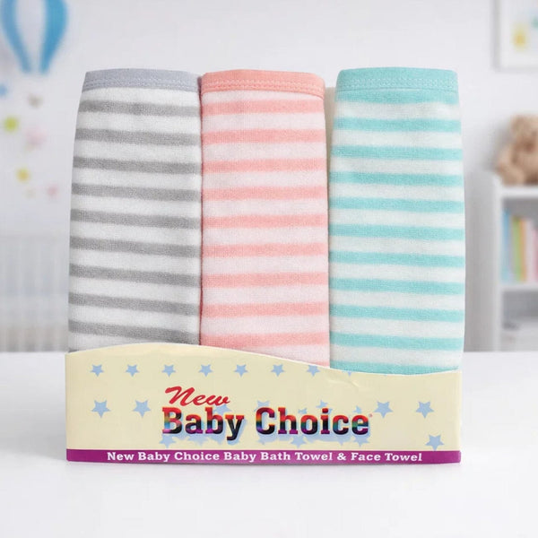 New Baby Choice Striped Bath & Face Towel Set – Premium Soft Cotton Blend (3-Piece Set)