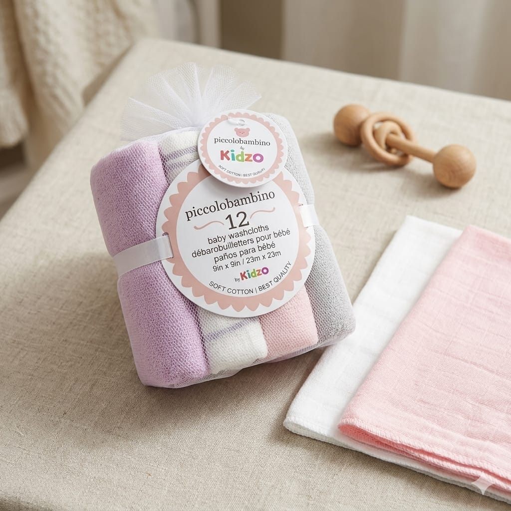Piccolo Bambino by Kidzo 12-Piece Baby Washcloth Set – Premium Soft Cotton (9x9 inches)