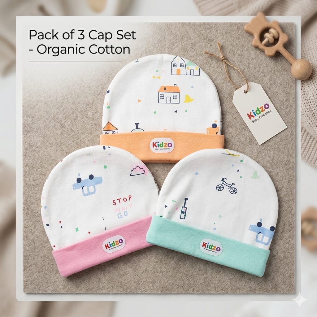 Pack of 3 organic cotton baby caps with colorful patterns on a neutral background