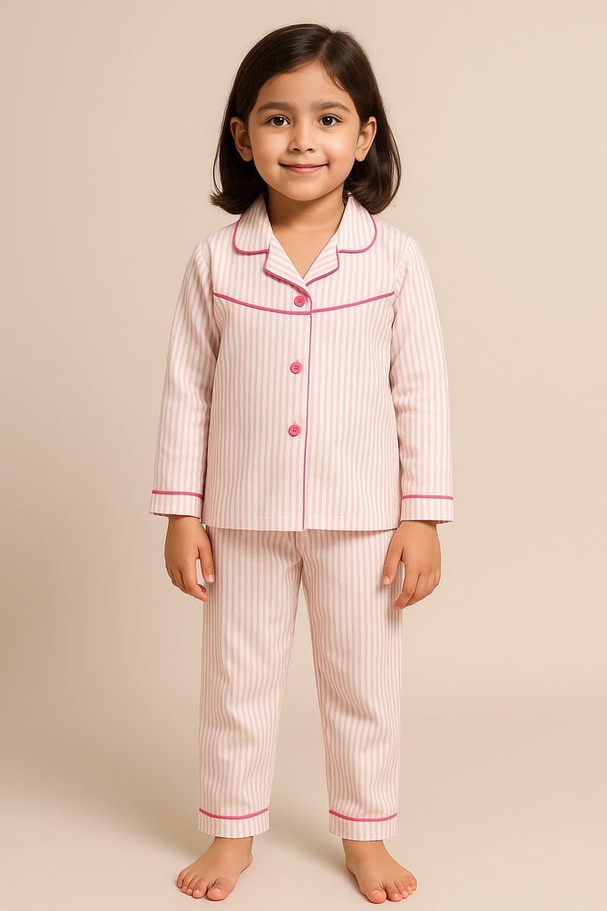 Child wearing a pink and white striped pajama set on a beige background