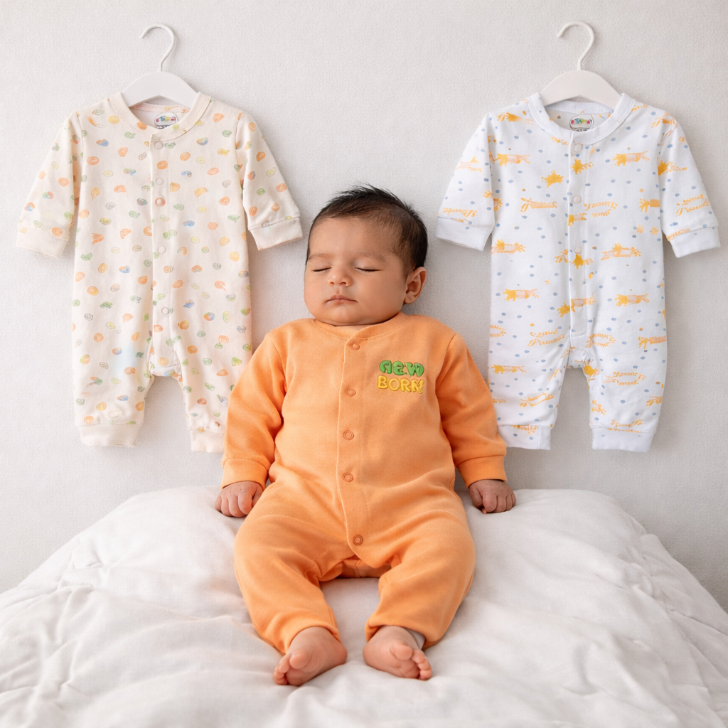 Kidzo 3 Pcs Newborn Baby Romper Suit Set | Soft Cotton | 0–9 Months