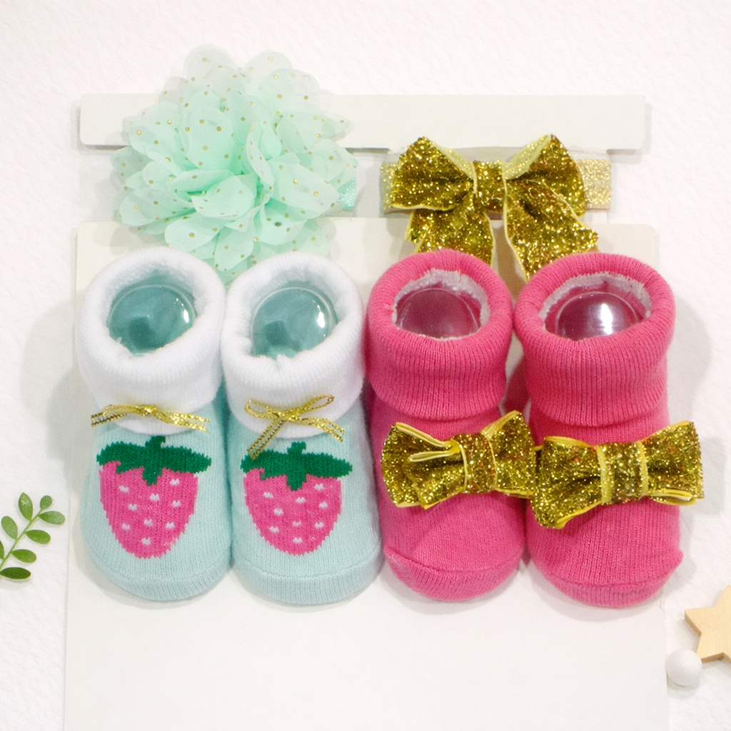 Baby Headband & Socks 4Pcs Set Grey & Pink