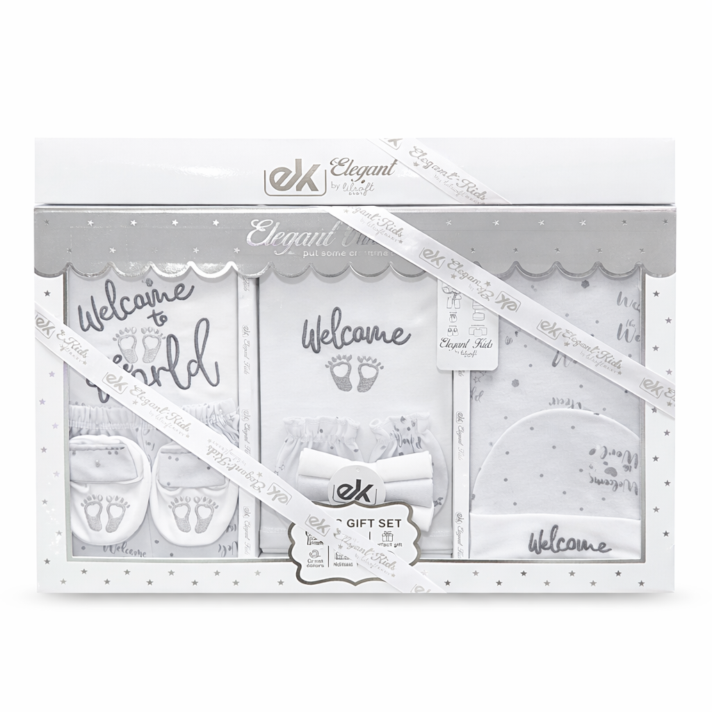 Elegant Kids Welcome to the World 10 Pcs Baby Gift Set | Soft Cotton Gray