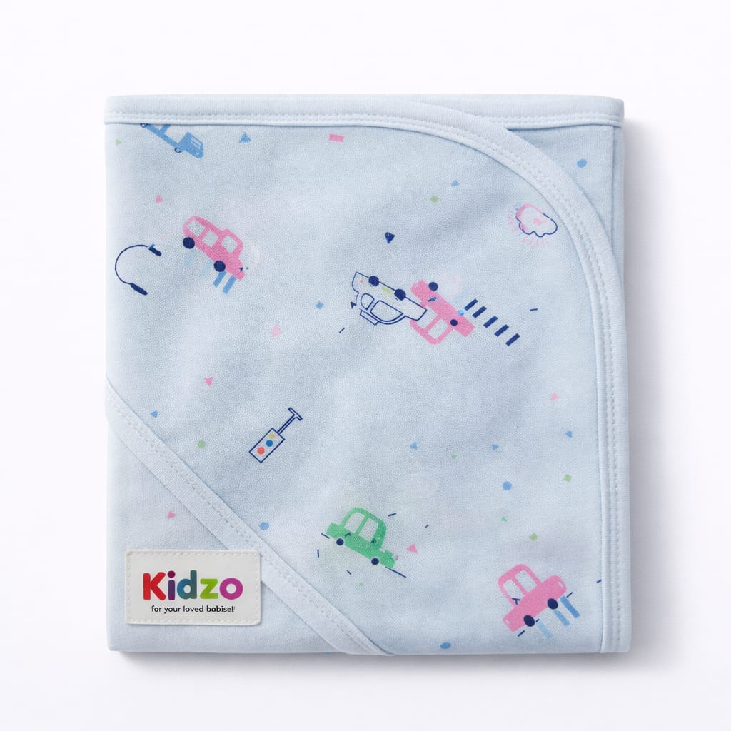 Kidzo Baby Wrapping Sheet – Soft Cotton Newborn Swaddle Blanket Blue Car