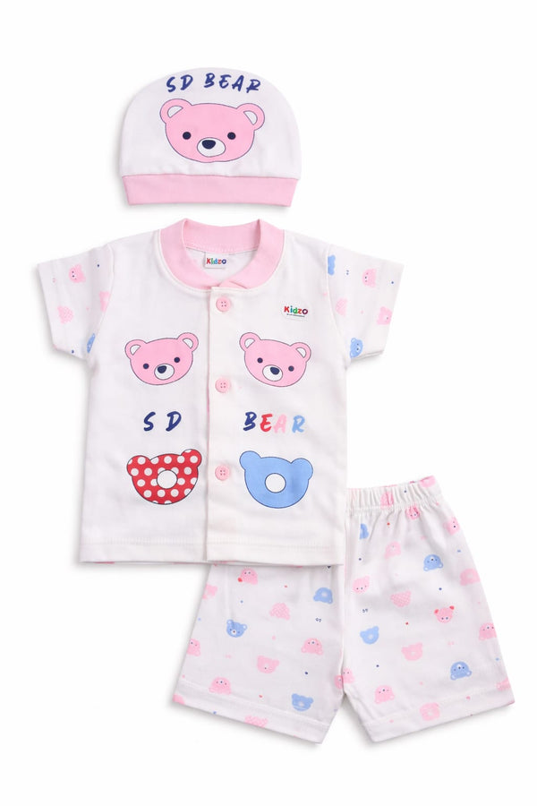 Baby outfit set with shirt, shorts, and hat featuring bear designs on a white background
