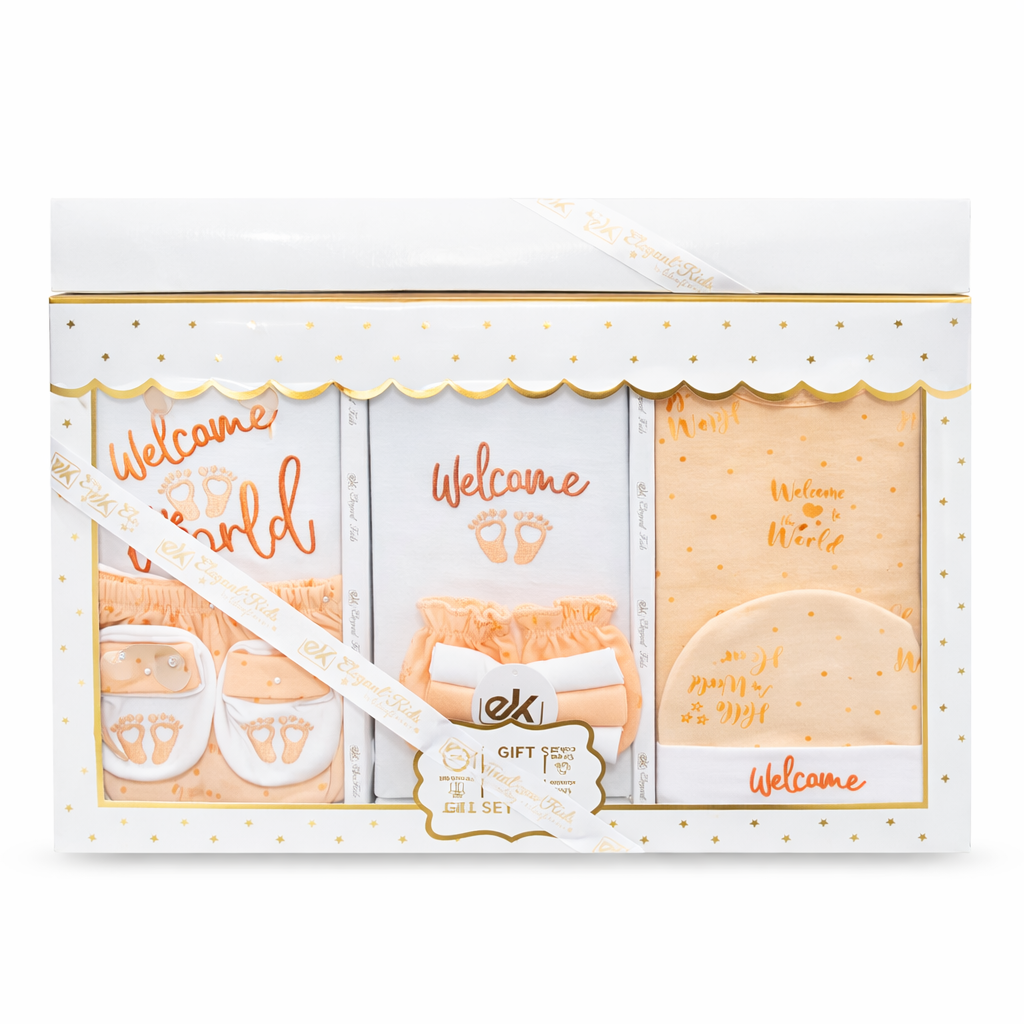 Elegant Kids Welcome to the World 10 Pcs Baby Gift Set | Soft Cotton Peach