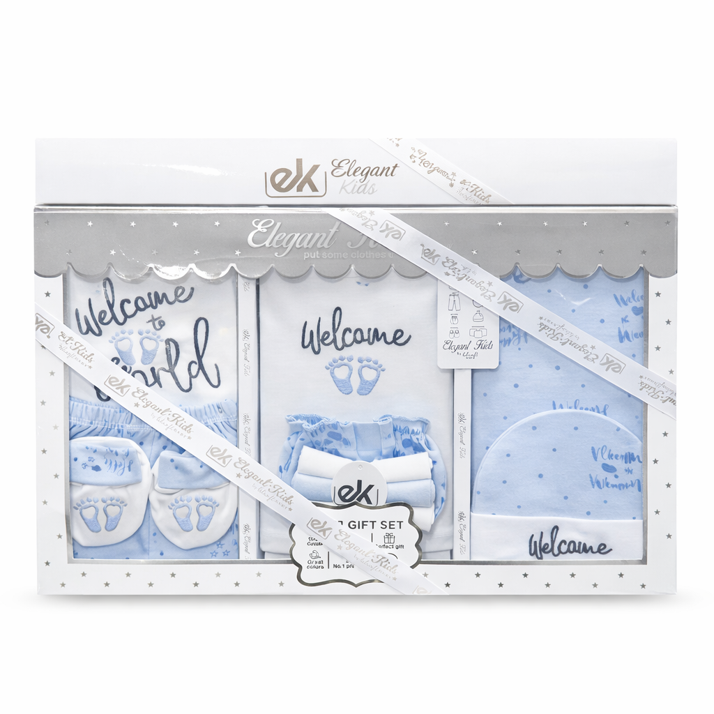 Elegant Kids Welcome to the World 10 Pcs Baby Gift Set | Soft Cotton Blue