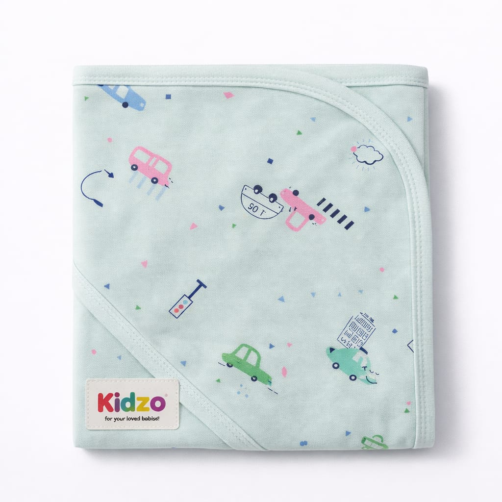 Kidzo Baby Wrapping Sheet – Soft Cotton Newborn Swaddle Blanket Green Car